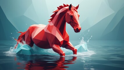 Red Low Poly Horse Standing and Running in Water Geometric Polygonal Animal Art Landscape_7