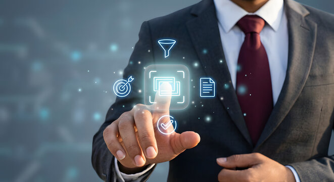 businessman in suit pointing at digital interface showing data funnel target and document icons symbolizing marketing strategy automation and business growth technology - Powered by Adobe