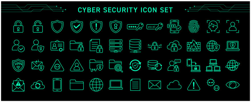 サイバーセキュリティ・情報セキュリティの線画アイコンセット｜Cyber Security Line Icons Vector