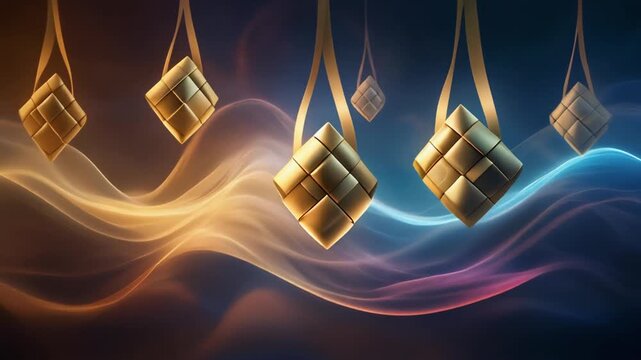Celebrate the holy moments of Ramadan and Eid with these stunning visuals.&nbsp;Featuring elegant golden rhombuses amidst waves of soft golden and blue light, creating a peaceful and stimulating atmospherd