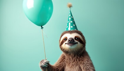 Obraz premium Joyful sloth wears party hat, holds teal balloon. Funny mammal celebrates happy birthday, making festive mood. Cute animal has fun at party event, adorable wild creature.