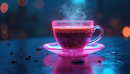 Hot coffee cup levitates over dark surface with glowing neon lights. Steam rises from espresso drink on saucer. Cyberpunk cafe atmosphere, energy boost.