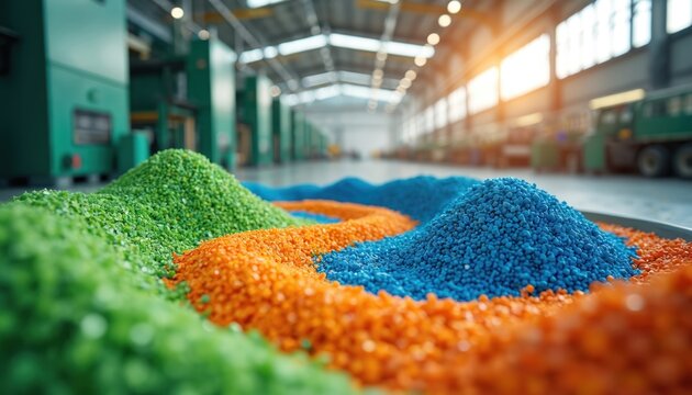 Colorful plastic pellets sit in piles inside industrial factory. Raw material for manufacturing eco friendly goods. Sustainable production process visible.