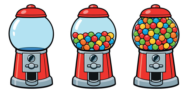Colorful line art gumball machine set featuring empty, half full, and full machines with colorful gumballs for sweet concepts