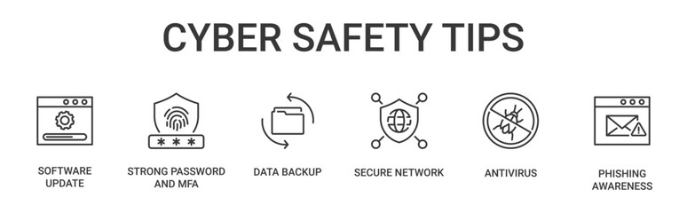 Cyber Safety Tips vector icon containing software update, strong password and MFA, data backup, secure network, antivirus and phishing awareness
