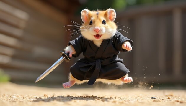 Cute hamster dressed as ninja leaps with katana. Small pet rodent warrior in black gi performs martial arts action. Funny animal jump with sword outdoors.