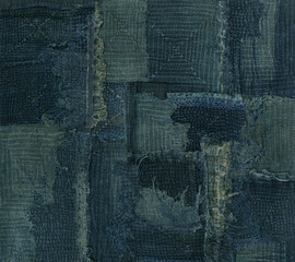 年代物の藍染めで描いた、アートな刺し子のパッチワーク