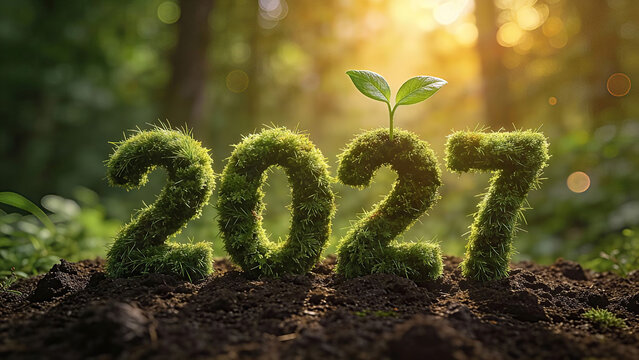 The year 2027 formed from lush, vibrant green moss and grass textures. Happy New Year, New Year