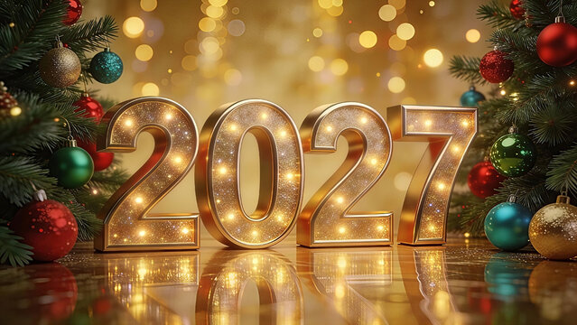 The year 2027 have a sparkling, textured surface embedded with tiny lights or glitter and smooth metallic edges. Happy New Year, New Year