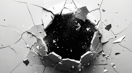 A white wall dramatically shattered by an impact, revealing a dark void with debris flying outwards.