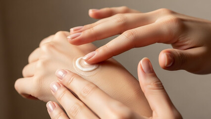 Fototapeta premium Close-up of Hands Applying Moisturizing Cream for Skincare.