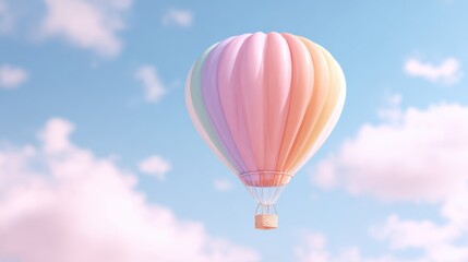 Fototapeta premium Colorful hot air balloon floating in a bright blue sky with fluffy clouds, creating a serene and uplifting atmosphere for adventure seekers
