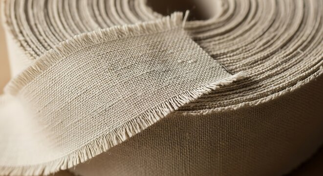 Roll of natural burlap fabric, showcasing its texture and rough edge