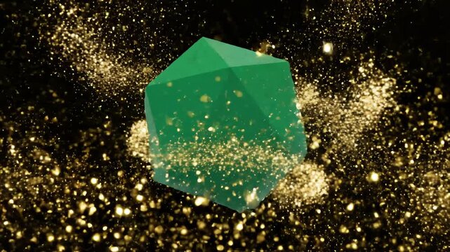 Emerald Cube Floating in Golden Glitter Particles Against Black Background