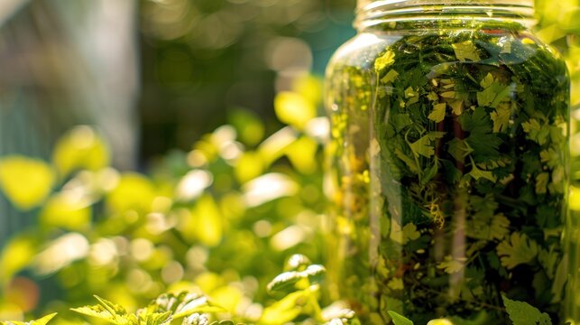 Glass Jar Filled with Fresh Green Herbs in Sunlit Garden