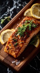Top view of salmon fillet and lemon slices on luxury whole grain cutting board with countertop background