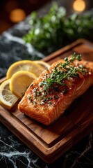 Top view of salmon fillet and lemon slices on luxury whole grain cutting board with countertop background