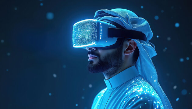 Arab man wears virtual reality goggles. He is immersed in digital cyberspace using futuristic tech headset. Experience digital world exploration and gaming. - Powered by Adobe