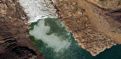 Satellite view of Greenland Arctic landscape with melting glaciers and rocky tundra