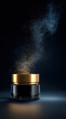 A black and gold cosmetic jar floating above a dark surface, enveloped in soft smoke and particles, a clean, luxurious design