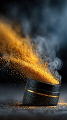 A black and gold cosmetic jar floating above a dark surface, enveloped in soft smoke and particles, a clean, luxurious design