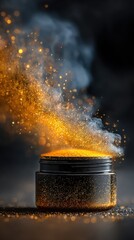 A black and gold cosmetic jar floating above a dark surface, enveloped in soft smoke and particles, a clean, luxurious design