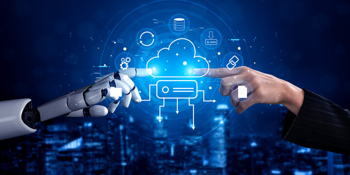 An AI managed cloud storage and data synchronization ecosystem. A concept of smart cloud computing for file storage, backup, and sharing. Motif