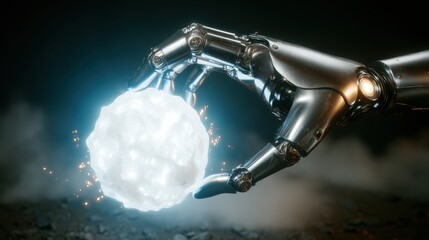 3D rendering of a metallic robotic arm reaching towards a glowing energy sphere.