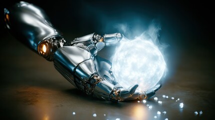 3D rendering of a metallic robotic arm reaching towards a glowing energy sphere.