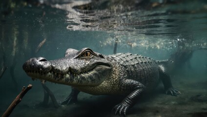 Fototapeta premium Underwater Alligator - A Detailed View of the Reptile in its Habitat.