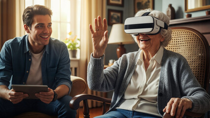 Young man assisting smiling elderly woman wearing virtual reality headset experiencing new technology indoors for modern leisure and connection