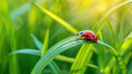 Fototapeta premium Ladybug on Green Grass Blade in Natural Sunlight