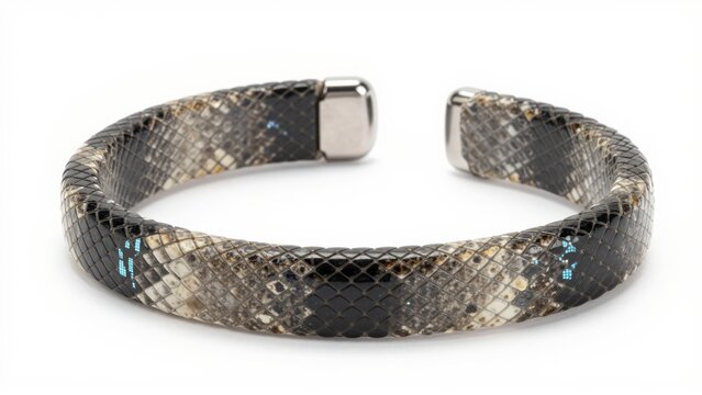 Textured python skin cuff bracelet with metallic end caps showcasing intricate scales