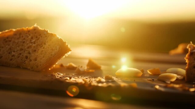 The scene features a loaf of bread on a wooden surface. Sunlight illuminates the bread and surrounding grains, creating a warm atmosphere.