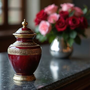 Elegant cremation urn with ornate gold trim. Bouquet of red and pink roses in silver vase sits nearby. This display evokes solemn remembrance and dignity for loved ones. Peaceful final resting place.