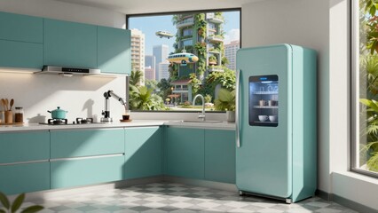 Modern teal kitchen with retro refrigerator and robotic arm preparing coffee viewed through a window of futuristic city