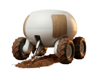 Round white autonomous farming robot digging soil isolated. Smart agriculture device.