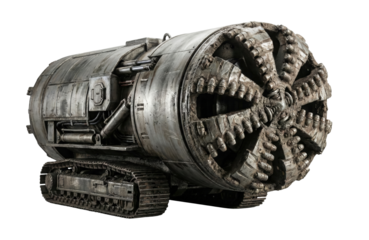 Massive industrial tunnel boring machine with metal teeth isolated. Heavy mining equipment.