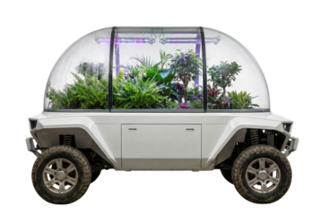 Futuristic mobile greenhouse vehicle with glass dome and plants isolated. Eco-friendly transport.