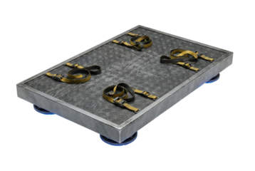 Levitating industrial cargo platform with straps isolated. Antigravity logistics dolly.