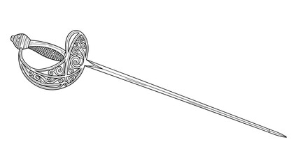 Intricate hand drawn illustration of an ornate historical rapier sword with a decorative hilt and long blade isolated on a white background.