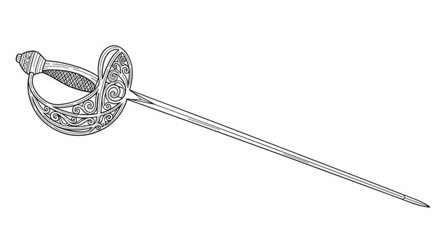 Intricate hand drawn illustration of an ornate historical rapier sword with a decorative hilt and long blade isolated on a white background.