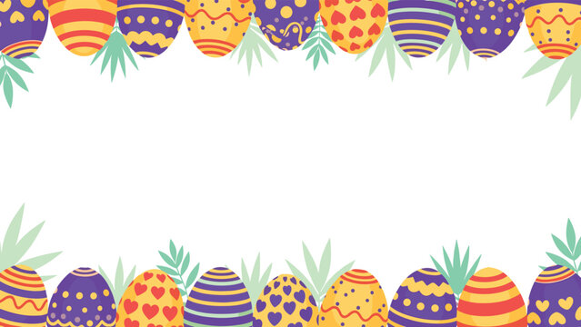 Festive Easter holiday border frame featuring rows of colorful patterned eggs and delicate green leaves on a bright white background.