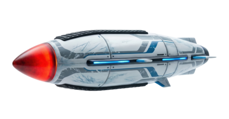 White sci-fi spaceship drone with red glowing engine isolated. Futuristic aerospace.