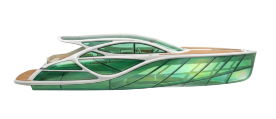 Futuristic luxury glass yacht with organic frame isolated. Modern sea transport.