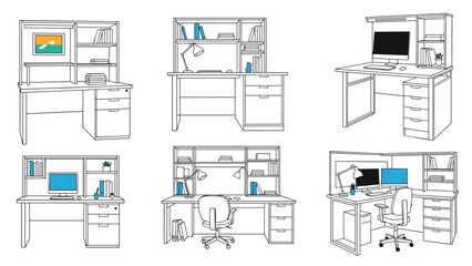 Set of modern office desk and workstation configurations shown in clean black and white line art drawings for office space planning.