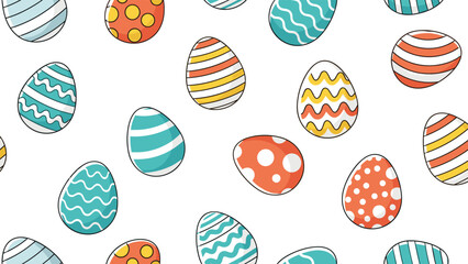 Festive pattern of colorful decorated Easter eggs with various stripes and polka dots displays a cheerful holiday spirit.