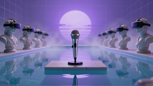 A vintage microphone stands on a marble platform in a pool with busts wearing VR headsets