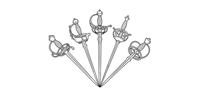 Set of five different ornate historical rapiers and swords arranged in a fan shape, shown in detailed black and white line art sketches.