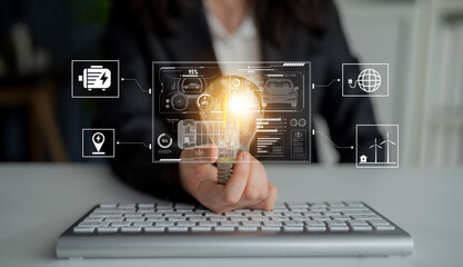 Smart interface showing electric vehicle performance, battery system, power control, charging status, and integration with renewable and grid-based energy sources Latch